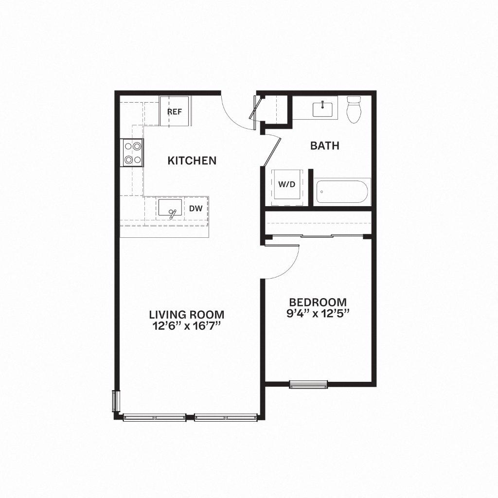 Floor plan for 1 bed, 1 bath, 644 sqft